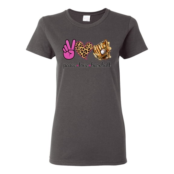 Peace Love Baseball Sports Womens Graphic T-Shirt, Charcoal, XX-Large