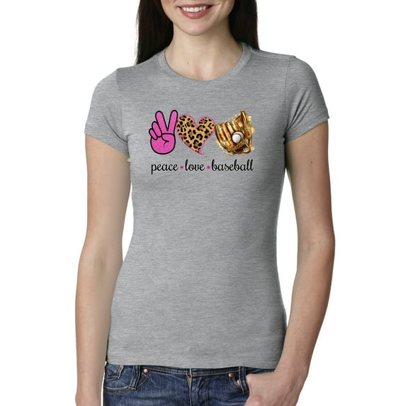 Peace Love Baseball Sports Womens Slim Fit Junior Tee, Heather Grey, X-Large