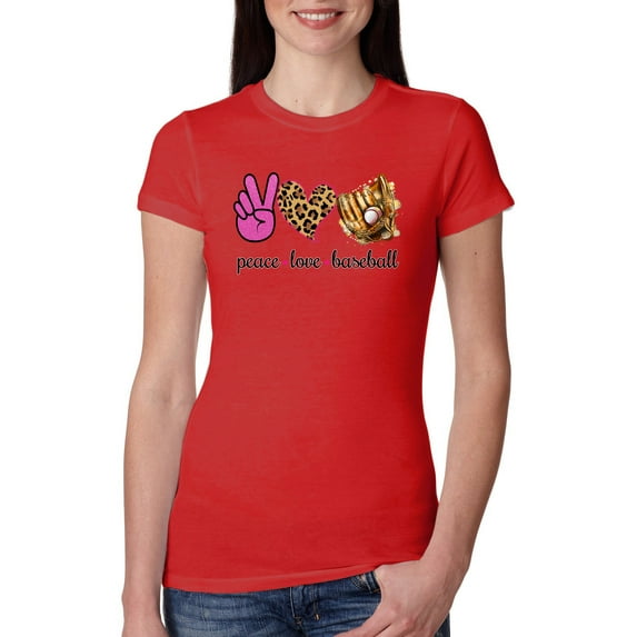 Peace Love Baseball Sports Womens Slim Fit Junior Tee, Red, Large