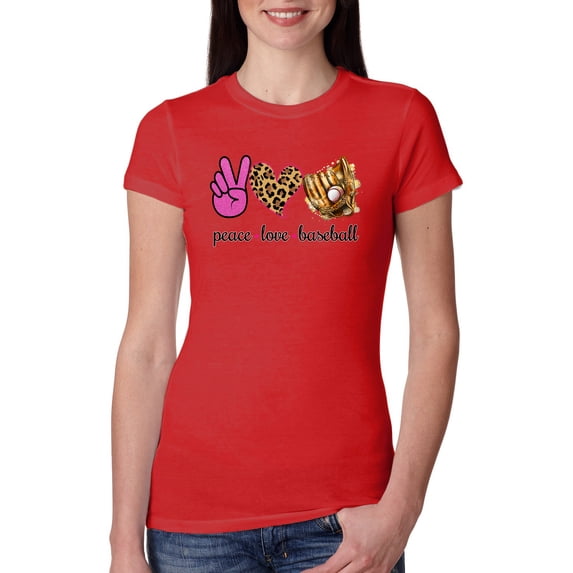 Peace Love Baseball Sports Womens Slim Fit Junior Tee, Red, XX-Large