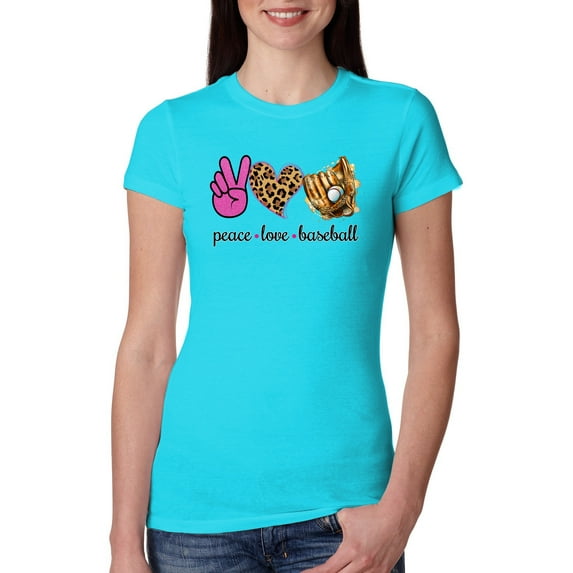 Peace Love Baseball Sports Womens Slim Fit Junior Tee, Tahiti Blue, Large