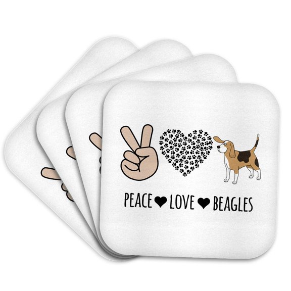3drose, Peace Love Beagles with Peace Hand, Paw Heart, and Beagle Clip Art., Set of 4 Coasters - Soft