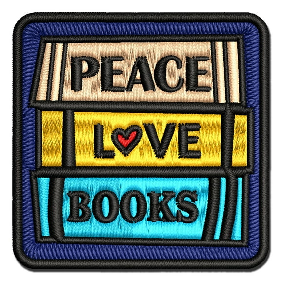 Peace Love Books Reading Stacked Applique Multi-Color Embroidered Iron-On Patch - 3 Inch Medium