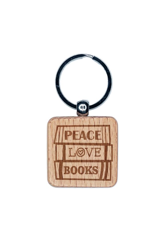 Peace Love Books Reading Stacked Square Keychain Charm Tag - Engraved Wood