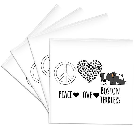 3drose, Peace Love Boston Terriers. Peace Sign, Paw Heart, and Dog Clip Art., Set of 4 Ceramic Tile Coasters