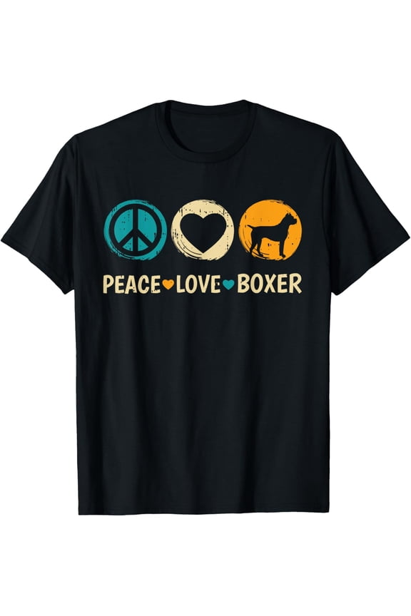 Peace Love Boxer Dog Retro Puppy Lover Owner Groomer T-ShirtMen and women can wear, black T-shirts, gifts. Age: M,L,XL 2XL, 3XL, 942XL