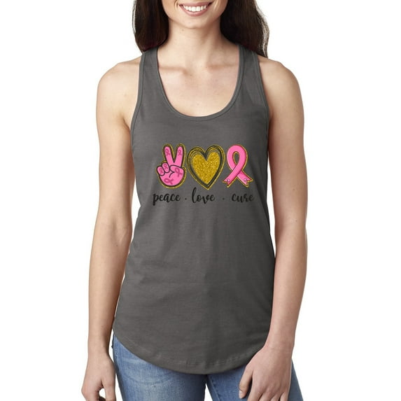 Peace Love Breast Cancer Awareness Breast Cancer Awareness Ladies Racerback Tank Top, Dark Grey, Small