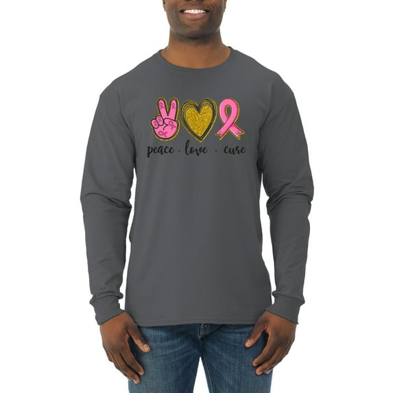 Peace Love Breast Cancer Awareness Breast Cancer Awareness Mens Long Sleeve Shirt, Charcoal, 3X-Large