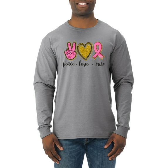 Peace Love Breast Cancer Awareness Breast Cancer Awareness Mens Long Sleeve Shirt, Heather Grey, XX-Large