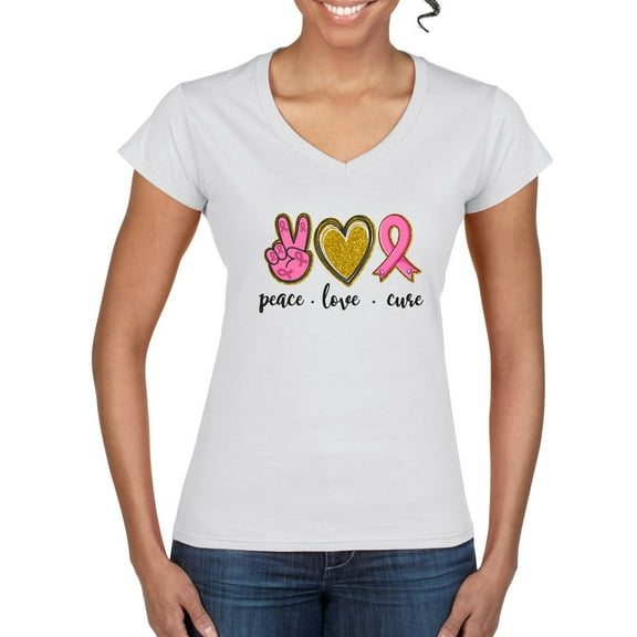 Peace Love Breast Cancer Awareness Breast Cancer Awareness Women's Standard V-Neck Tee, White, Medium