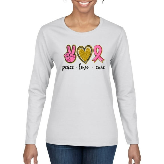 Peace Love Breast Cancer Awareness Breast Cancer Awareness Womens Graphic Long Sleeve T-Shirt, White, XX-Large