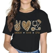 Peace Love CNA Leopard print pattern black T-shirt