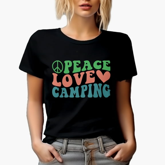 Peace, Love, Camping, Camp or Camper Themed, Groovy Retro Wavy Text Merch Gift, Black T-Shirt, Small