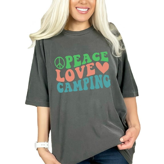 Peace, Love, Camping, Camp or Camper Themed, Groovy Retro Wavy Text, Pepper Comfort Colors T-Shirt, Large