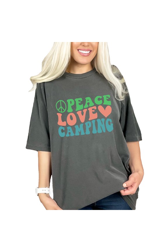 Peace, Love, Camping, Camp or Camper Themed, Groovy Retro Wavy Text, Pepper Comfort Colors T-Shirt, Medium