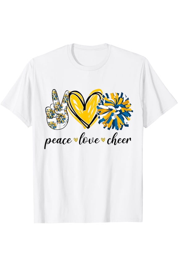 Peace Love Cheerleading Blue Yellow T-Shirt