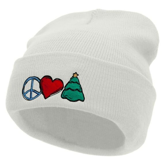Peace Love Christmas Embroidered 12 Inch Long Knitted Beanie - White OSFM