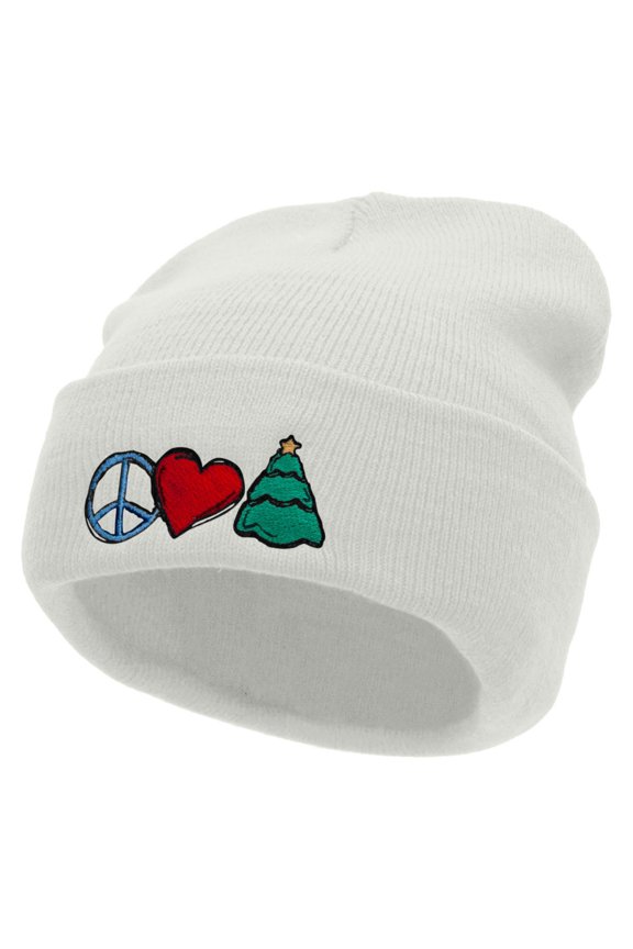 Peace Love Christmas Embroidered 12 Inch Long Knitted Beanie - White OSFM