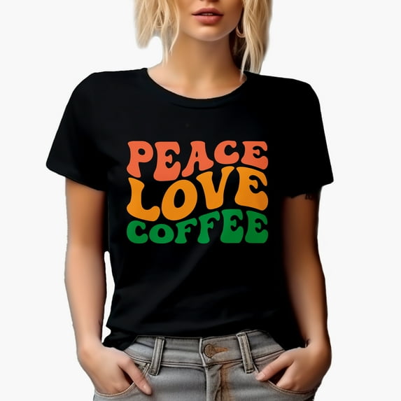 Peace, Love, Coffee, Caffeine Lover Quote, Groovy Retro Wavy Text Merch Gift, Black T-Shirt, 2XL