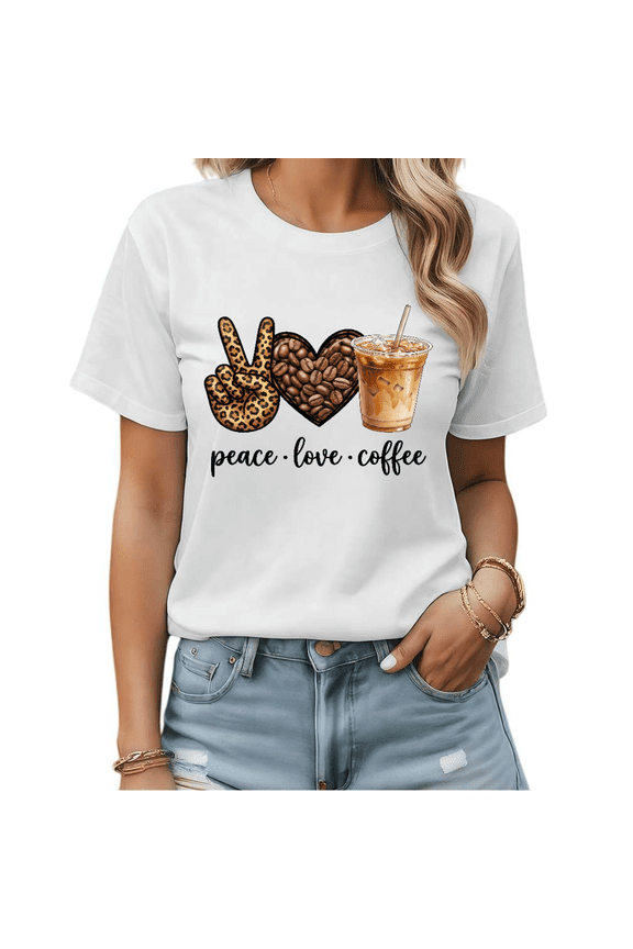 Peace Love Coffee Leopard Print Iced Coffee Graphic Tees Womans Tshirt Shirts Black White S-5XL Tops