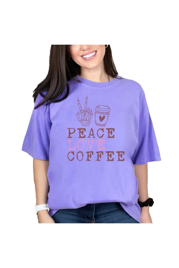Peace, Love, Coffee, Skeleton Hand & Tumbler Art Merch, Violet Comfort Colors T-Shirt, Medium