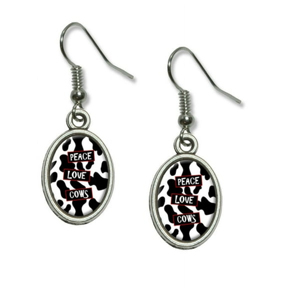 Peace Love Cows Dangling Drop Oval Earrings