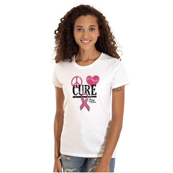 Peace Love Cure Breast Cancer Aware Womens Slim Fit Graphic Tee Brisco Brands X