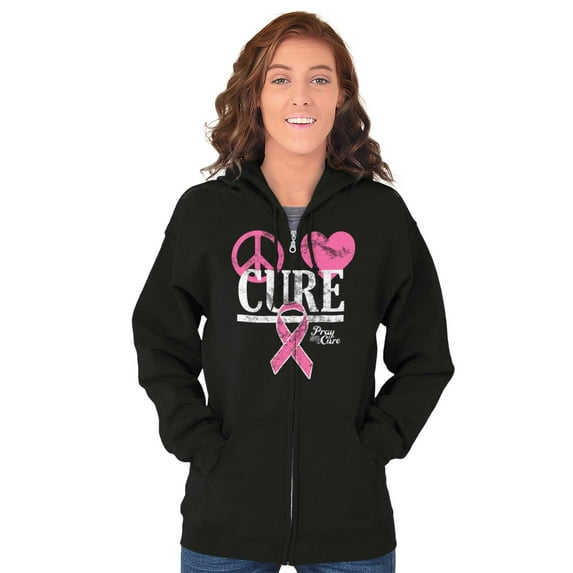 Peace Love Cure Breast Cancer Aware Zip Hoodie Sweatshirt Women Brisco Brands S