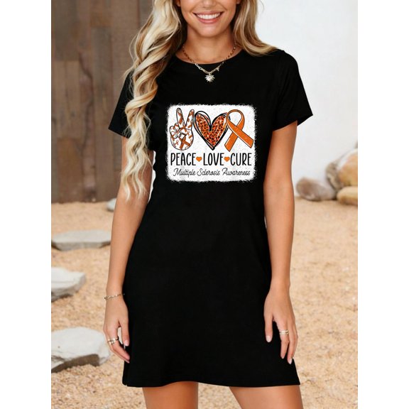 Peace Love Cure MS Warrior Multiple Sclerosis Awareness T-Shirt Dress Casual Summer Dress Everyday Outfit