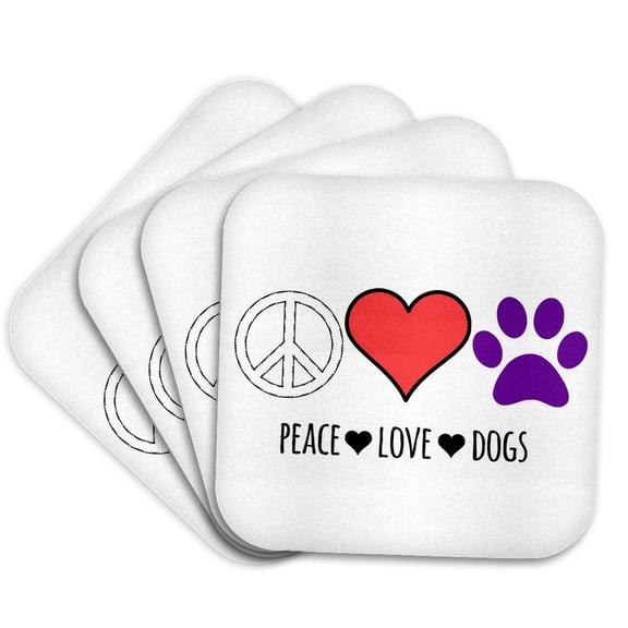 3drose, Peace Love Dogs with Peace Sign, Red Heart, and Purple Paw Clip Art., Set of 4 Coasters - Soft