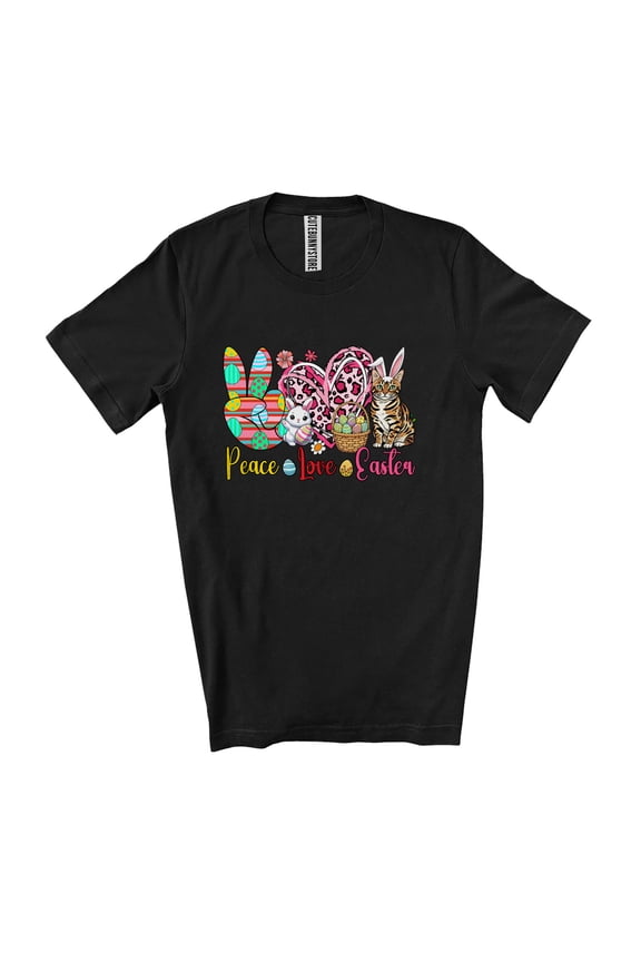 Peace Love Easter; Amazing Easter Day Eggs Leopard Heart Bunny Bengal Cat Unisex T-Shirt