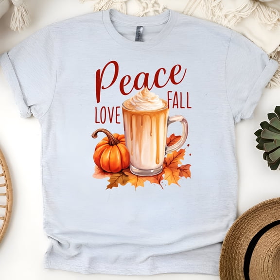 Peace Love Fall T-Shirt | Pumpkin Latte Autumn Graphic Tee for Women, Ash, Size M