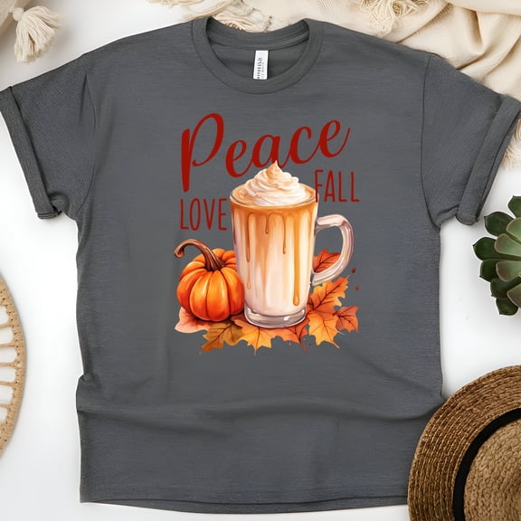 Peace Love Fall T-Shirt | Pumpkin Latte Autumn Graphic Tee for Women, Dark Heather, Size S