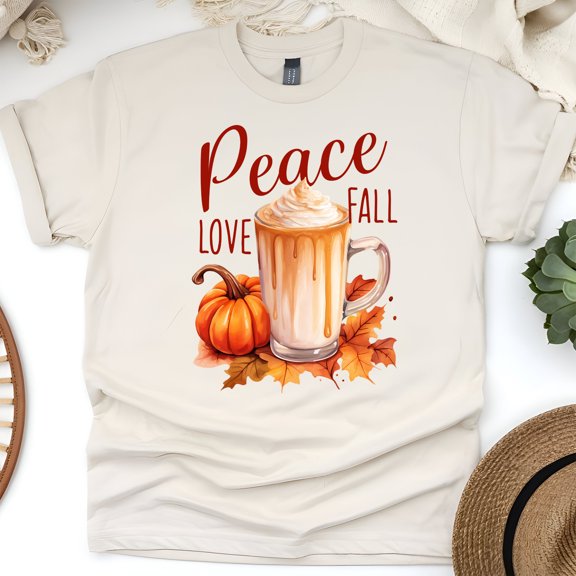 Peace Love Fall T-Shirt | Pumpkin Latte Autumn Graphic Tee for Women, Natural, Size L