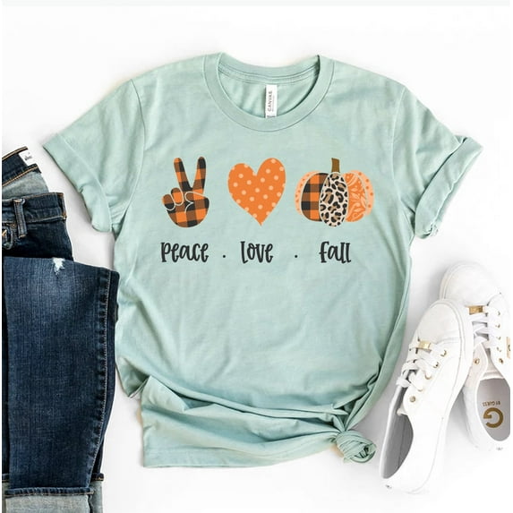 Peace Love Fall T-shirt Pumpkin Shirts Buffalo Plaid Shirt Thanksgiving Top Women's Family Tshirt Holiday Gift Season Tee