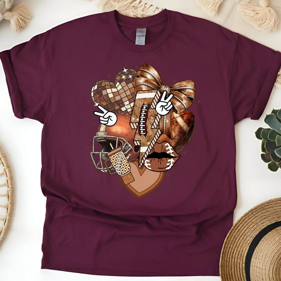 Peace Love Football Shirt | Cute Bow and Helmet Game Day Tee, Maroon, Size 3XL