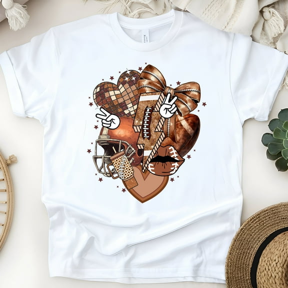 Peace Love Football Shirt | Cute Bow and Helmet Game Day Tee, White, Size S