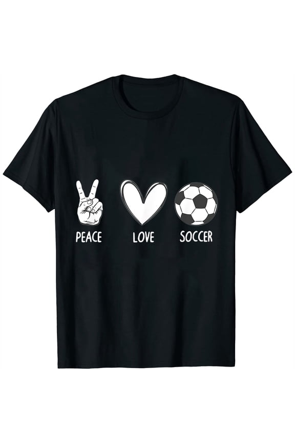 Peace Love Football Sports Cool Soccer Short Sleeve T-Shirt Black Casual Tee