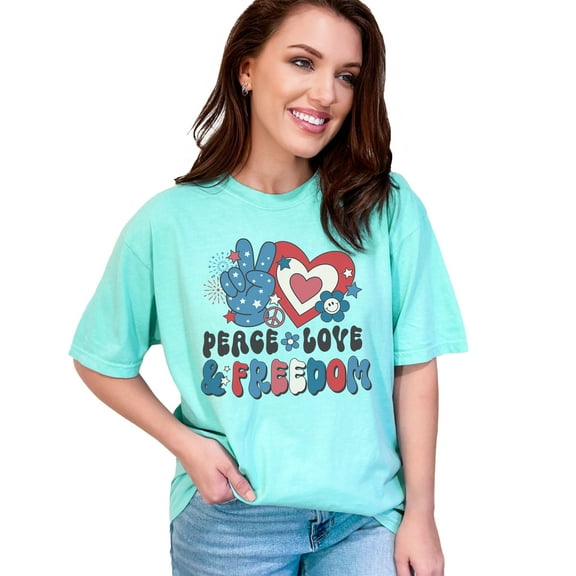 Peace, Love & Freedom, 90s Retro 4th of July Art, Chalky Mint Comfort Colors T-Shirt, Large