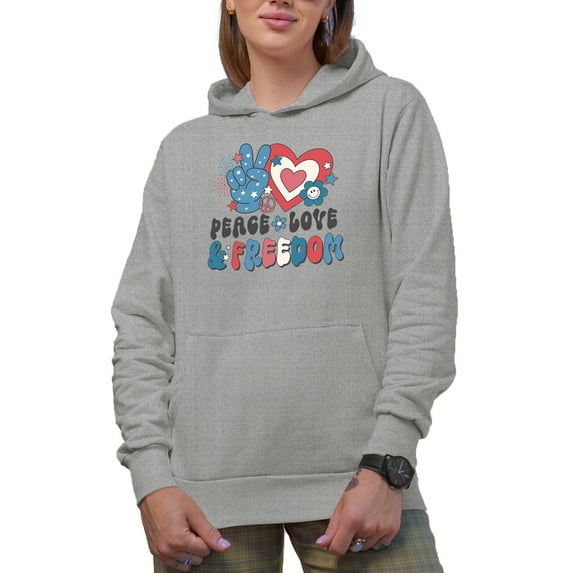 Peace, Love & Freedom, 90s Retro 4th of July Art Merch Gift, Heather Grey Hooded Sweatshirt or Hoodie, Small