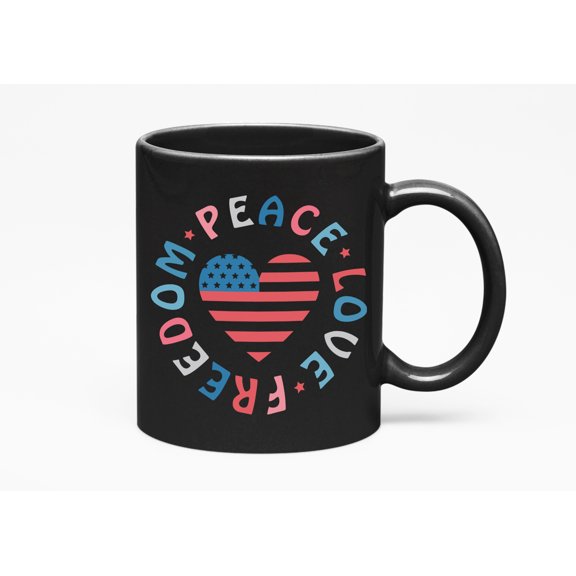 Peace, Love, Freedom with USA Flag Heart Art, 4th of July Gift, Black 11oz Ceramic Mug