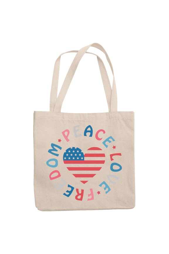 Peace, Love, Freedom with USA Flag Heart Art, 4th of July Merch Gift, 12oz Canvas Tote Bag