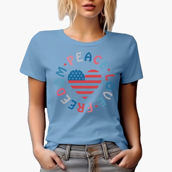 Peace, Love, Freedom with USA Flag Heart Art, 4th of July Merch Gift, Baby Blue T-Shirt, Medium