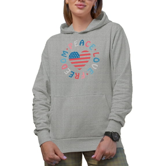 Peace, Love, Freedom with USA Flag Heart Art, 4th of July Merch Gift, Heather Grey Hooded Sweatshirt or Hoodie, 3XL