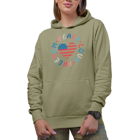 Peace, Love, Freedom with USA Flag Heart Art, 4th of July Merch Gift, Sand Hooded Sweatshirt or Hoodie, XL