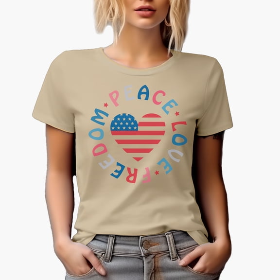 Peace, Love, Freedom with USA Flag Heart Art, 4th of July Merch Gift, Tan T-Shirt, XL