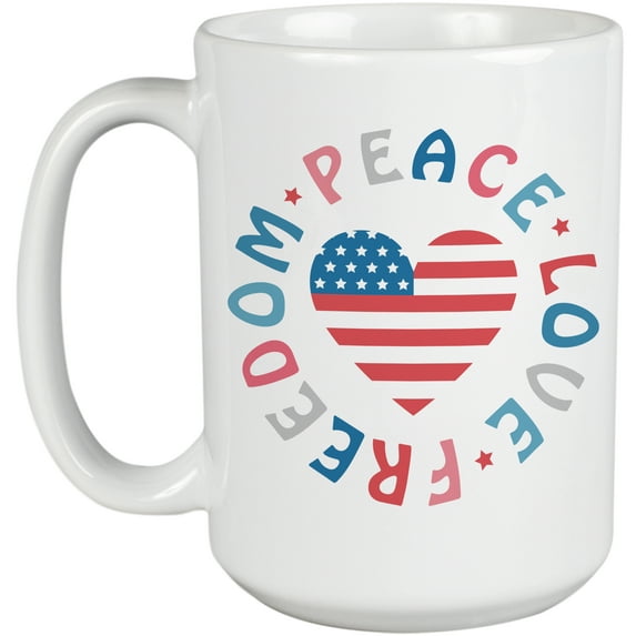 Peace, Love, Freedom with USA Flag Heart Art, 4th of July Merch Gift, White 15oz Ceramic Mug