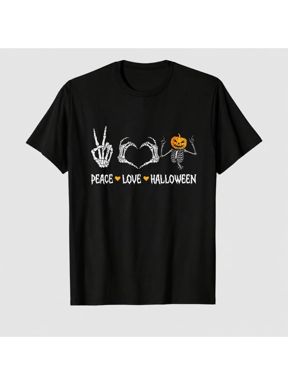 Peace Love Halloween Pumpkin Skeleton Spooky Men Women T-Shirt