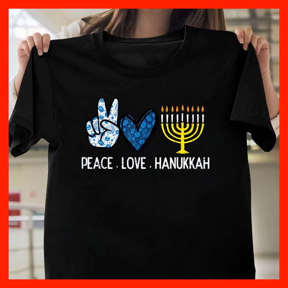 Peace Love Hanukkah T-Shirt, Menorah Peace Sign Heart Graphic Tee, Jewish Holiday Gift H055, for men and women, Extended Sizes Up to 5XL