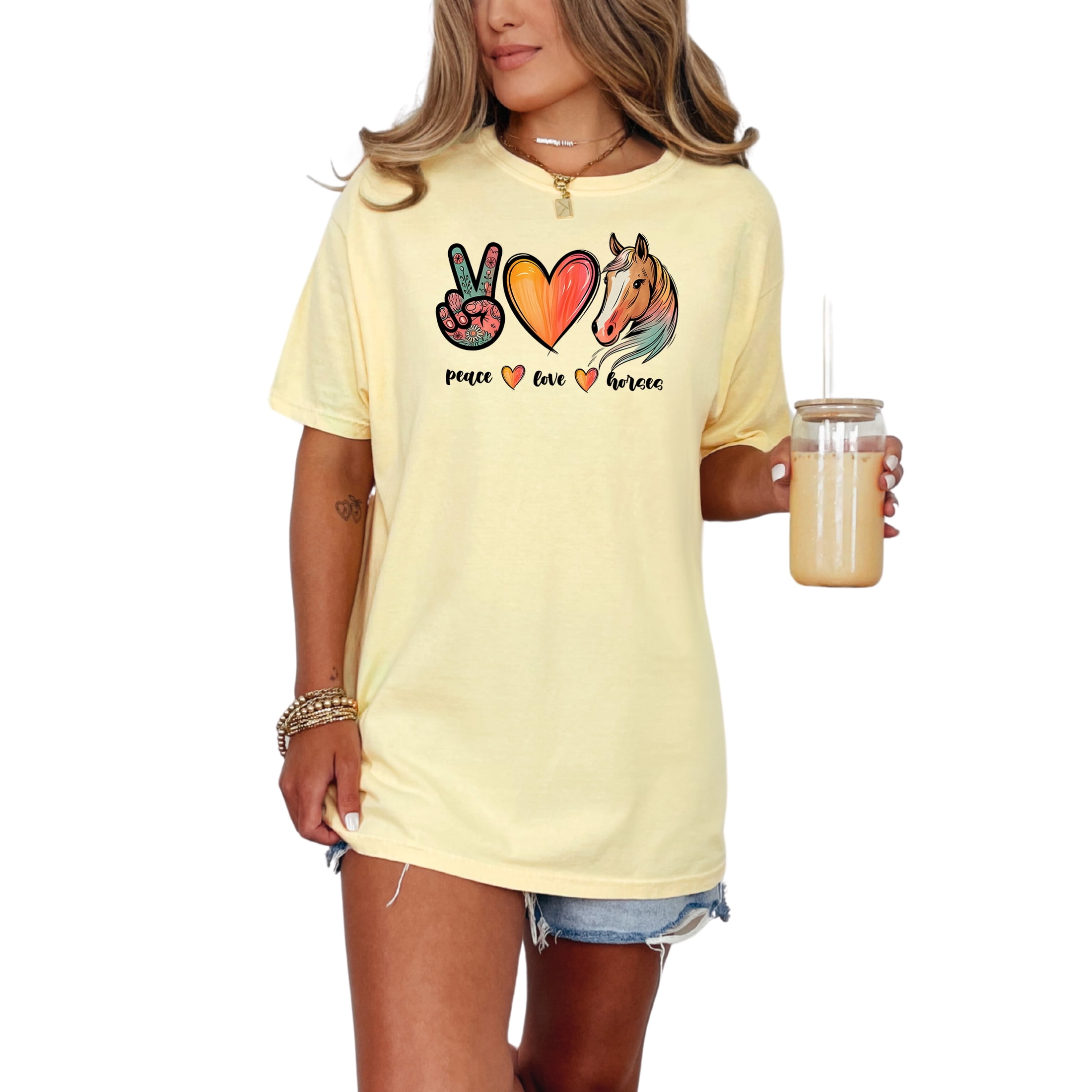 Peace Love Horses Graphic Tee, Colorful Horse Lover T-Shirt, Trendy Equestrian Design, Peace Sign Heart Horse Art Shirt, Butter Comfort Colors T-Shirt, Medium